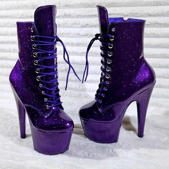 NIB Adore 1020GP Purple Glitter Patent 7" High Heel Platform Ankle Boots - Picture 2 of 12